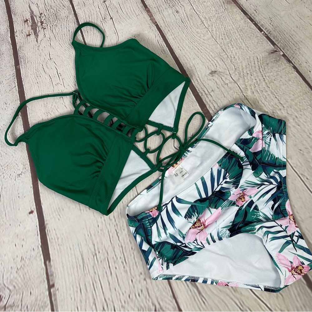 TEMPTME green floral lace up high waisted 2-piece swimsuit bikini NEW, size M - Picture 6 of 15